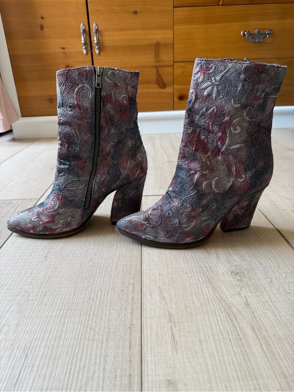 Women's Free People Paisley Pointed-Toe Ankle Boots - Red and Gray - Picture 4 of 8